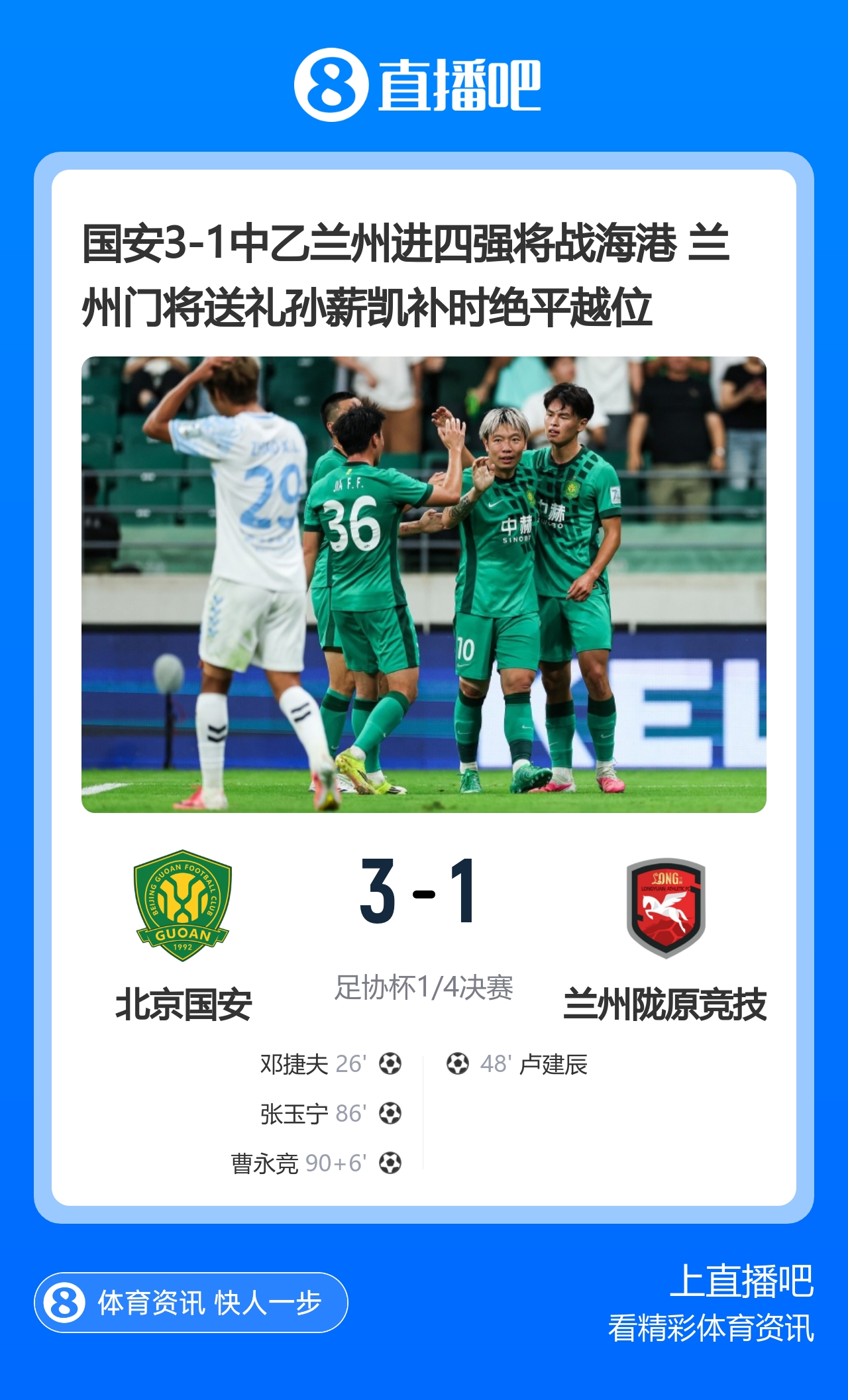 国安3-1中乙兰州进四强将战海港 兰州门将送礼孙薪凯补时绝平越位 国安3-1中乙兰州进四强将战海港 兰州门将送礼孙薪凯补时绝平越位